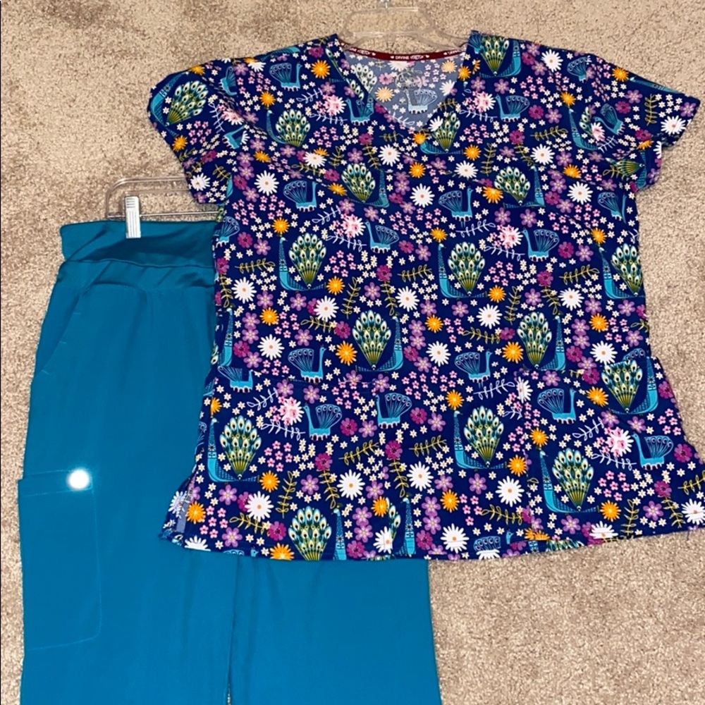 Peacock print and Blue scrub pants set
